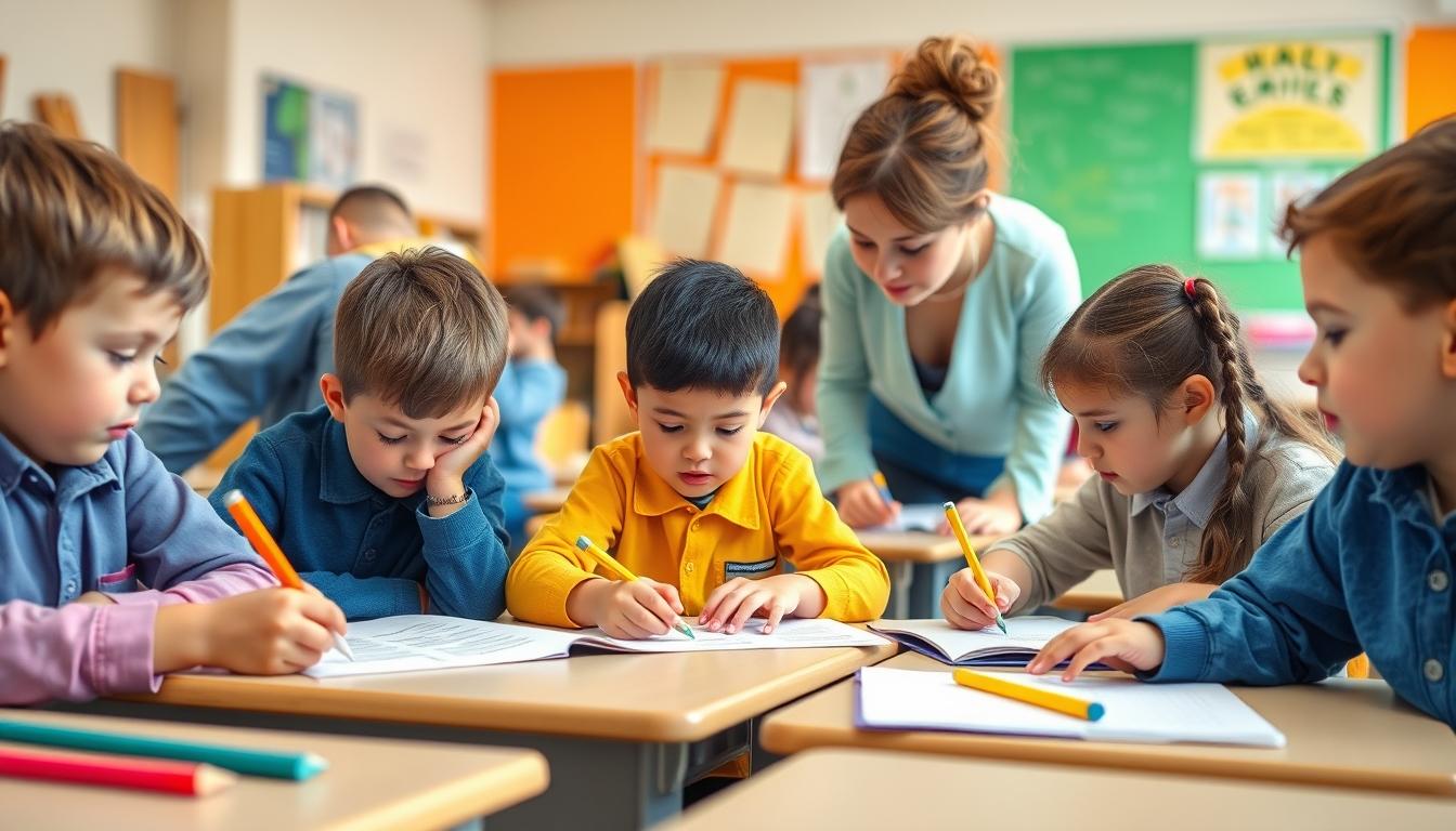 Students studying together in modern classroom